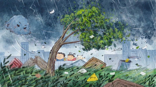 国潮天气插画图片_台风天气被风吹走一些场景