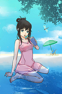 沙滩玩水插画图片_夏天海洋清凉泳装女孩