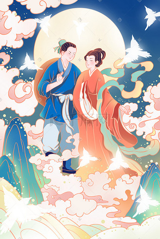 自有品牌节高清背景图片_七夕七夕节牛郎织女插画