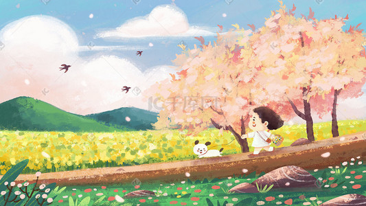 春季宠物插画图片_春天女孩旅行游玩风景横图一花朵花