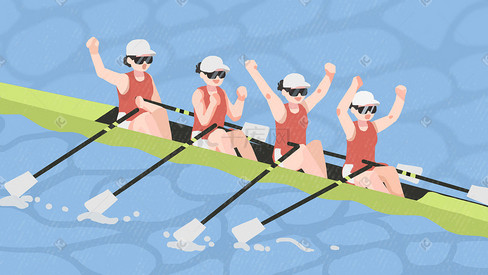 手绘东京奥运会女子划船赛运动项目插画场景