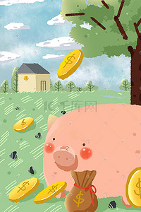 小猪小插画图片_绿色小清新金融理财草地房屋治愈存钱罐