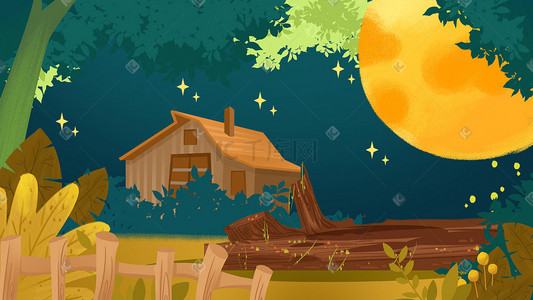 小清新夜景草地植物月亮树木房屋手绘场景