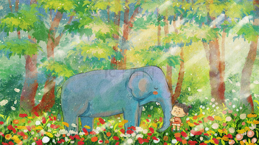 大象水彩插画图片_世界大象日之人与大象拥抱