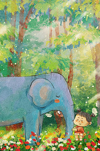 人与自然和谐相处插画图片_世界大象日之人与大象拥抱