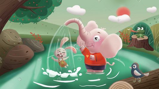 夏季河水插画图片_夏天可爱小动物们在水边嬉戏