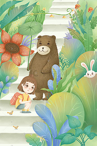 童话草地插画图片_森林童话处暑夏天夏季风景草地和熊熊去探险