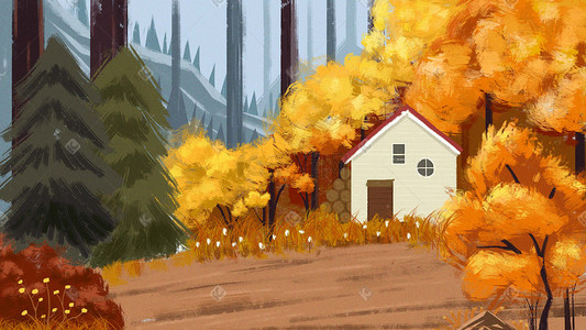松树植物插画图片_黄色暖色系秋天森林房屋植物