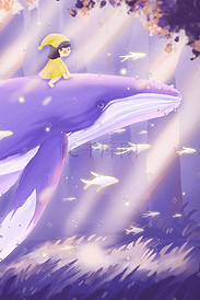 唯美治愈梦幻森林鲸鱼与女孩童话故事