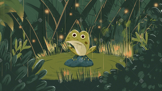 手绘青蛙插画图片_冷色系绿色草丛池塘青蛙