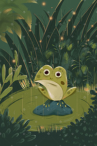 植物剪影插画图片_冷色系绿色草丛池塘青蛙
