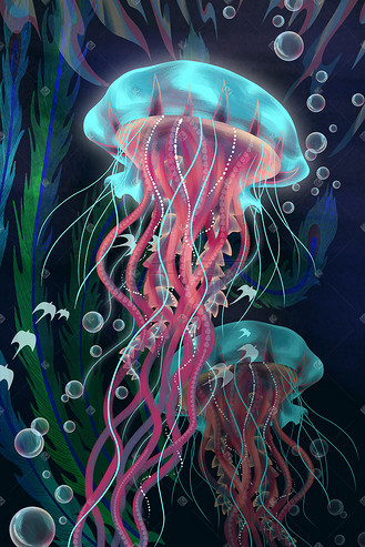 原创梦幻海底水母蜡笔景色插画