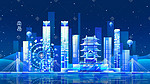 扁平南昌地标蓝色荧光渐变卡通都市插画城市建筑地标