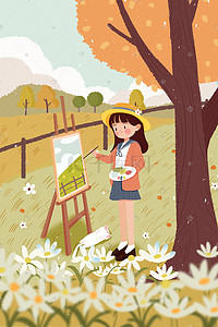 树下读书的小女孩插画图片_秋天树下草地画画