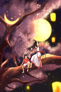 满月女孩插画图片_中秋满月桂树上的冒险