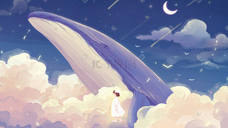 唯美梦幻鲸鱼治愈天空云彩星空女孩插画