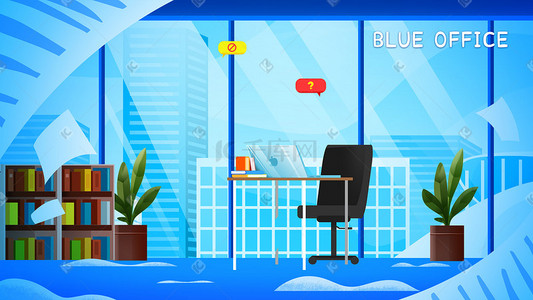 蓝色扁平室内办公商务会议办公室盆栽城市