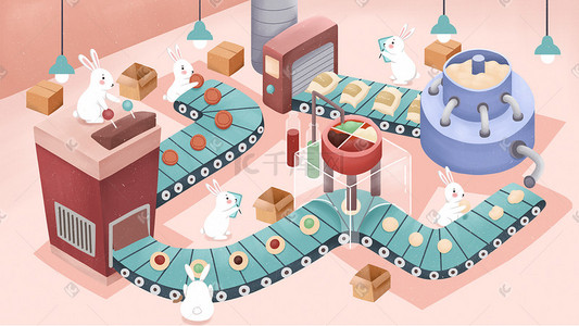 中秋节兔子加工厂制作月饼卡通可爱插画中秋