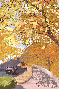 秋天马路边的落叶风景手绘插画