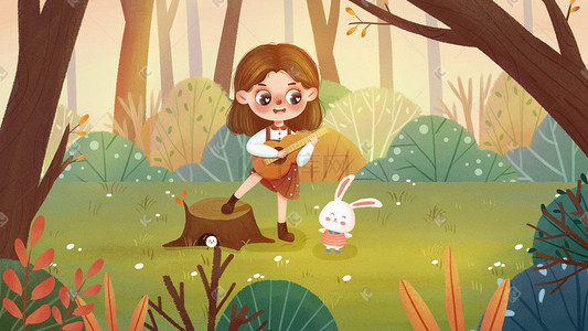 森林兔子插画图片_秋天儿童绘本风森林音乐会