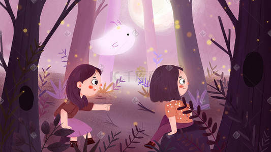 森林奇遇儿童绘本风夜晚月亮小女孩
