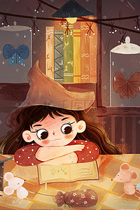 魔法边框ps插画图片_万圣节学习看书魔法室内儿童绘本巫女