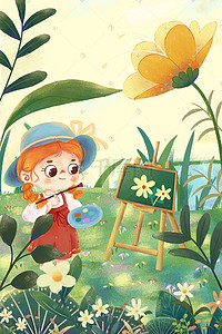 关于春的画画插画图片_去森林画画绘本风儿童插画森林室外