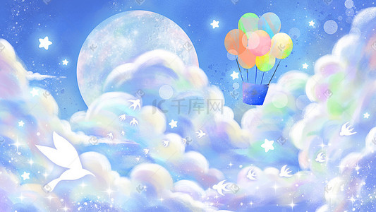 热气球天空插画图片_天空热气球蓝色白云月亮