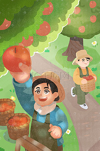 切开的苹果插画图片_手绘扁平秋天收获苹果插画场景
