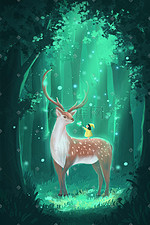 唯美治愈清新森林保护动物林深时见鹿插画