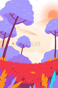 矢量跑步插画图片_矢量扁平紫色大树红色草地配图