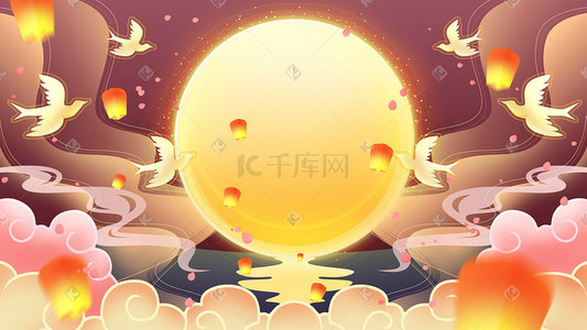 孔明灯插画图片_中秋节夜晚孔明灯唯美治愈手绘月亮景色中秋