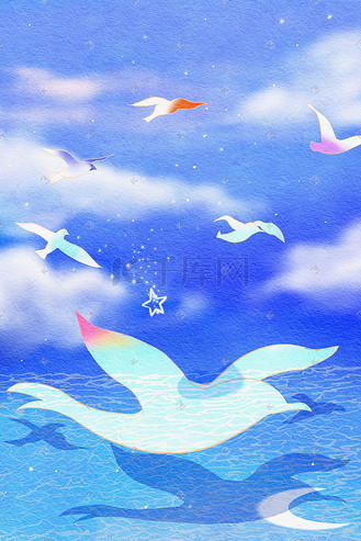 唯美蓝色梦幻飞鸟水彩蓝色海天一色