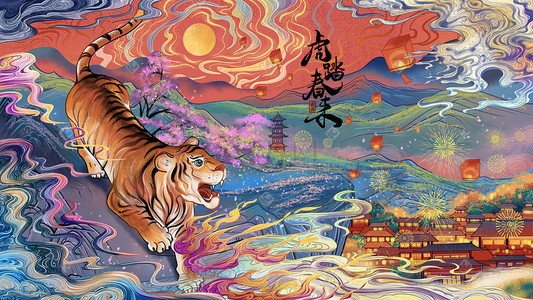 风十二生肖之虎插画虎年贺图可爱胖虎萌虎新年元宵节汤圆场景虎虎相