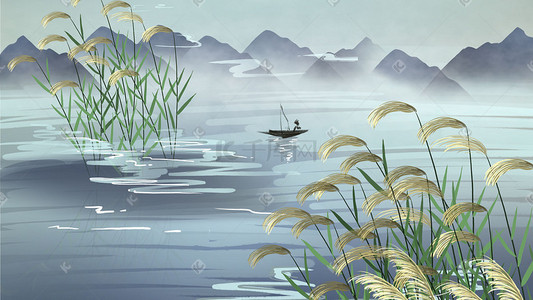 白鹭湖插画图片_白露手绘中国风节气插画