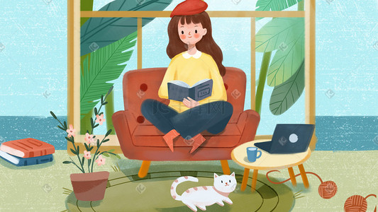 绿盆栽插画图片_二十四节气之白露小女孩坐在沙发上看书