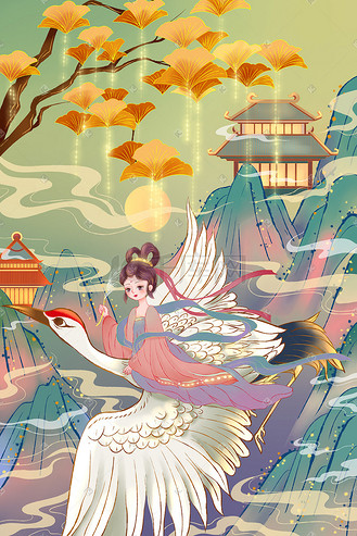 白露驾鹤游于山间国风手绘插画