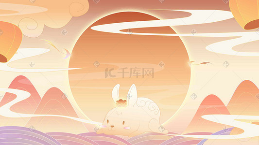 八月十五玉兔插画图片_暖色系橘色调国潮风中秋节中秋