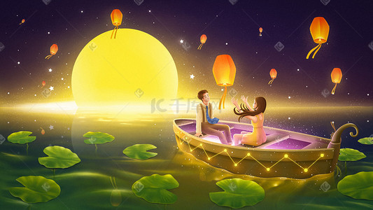 中秋节中秋情侣夫妻坐在小船放孔明灯中秋