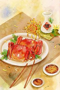 黄白色的食物插画图片_中秋节中秋食蟹菊花酒水彩画