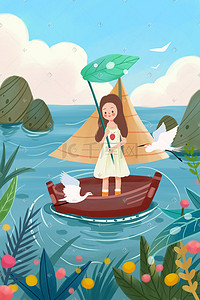 白鹭插画图片_二十四节气之白露船上小女孩和白鹭