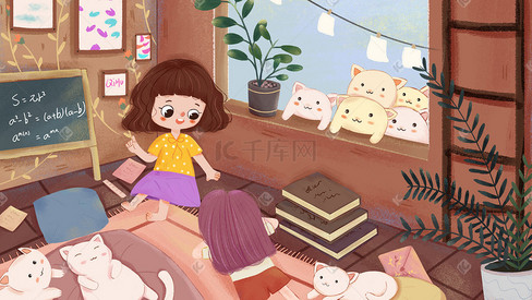 儿童插画小女孩讲故事猫咪绘本风