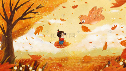 秋天秋景秋童话小鸟和小女孩治愈风景插画
