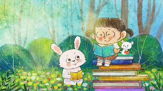开学季开学学习女孩读书童话兔子唯美草地