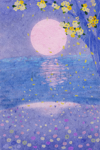 中秋节中秋圆月水彩梦幻治愈插画中秋