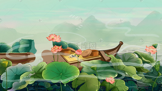 大暑船插画图片_小清新中国风池塘船荷花荷叶唯美景色