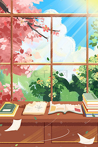 粉红色的樱花边框插画图片_学习学校教育课桌教室唯美小清新樱花植物花朵花