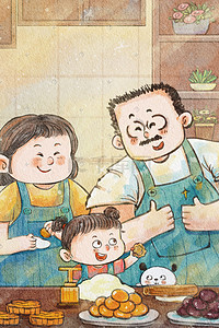 卡通四口之家插画图片_卡通中秋中秋节一家人做月饼温馨画中秋