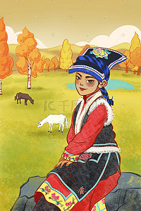 秋天少数民族女孩藏族藏民游牧手绘风秋日主题插画