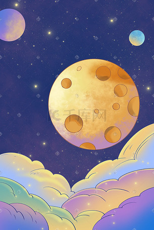 中秋节中秋手绘卡通月球太空科幻中秋